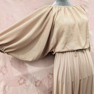 Vtg 70s Vicky Vaughn Jersey Midi Dress S/M Champagne Knit Balloon Sleeve Disco